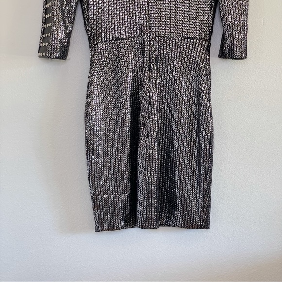 Nadine Merabi Katia Sequin Studded Plunging Mini Dress Silver Black Small - Picture 11 of 16